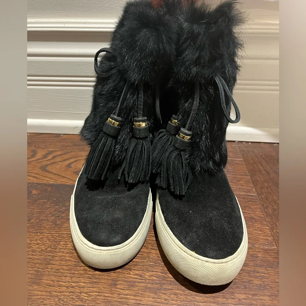 Tory Burch Angelica Black Rabbit Suede Winter Boots - Picture 3 of 11